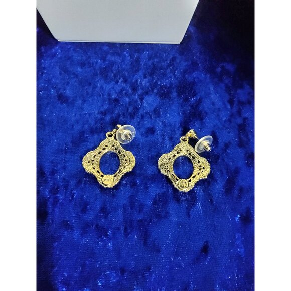 PWC Jewelry - Vintage Signed PWC Goldtone and Clear Crystal Filigree Oval Picture Frame Dangle